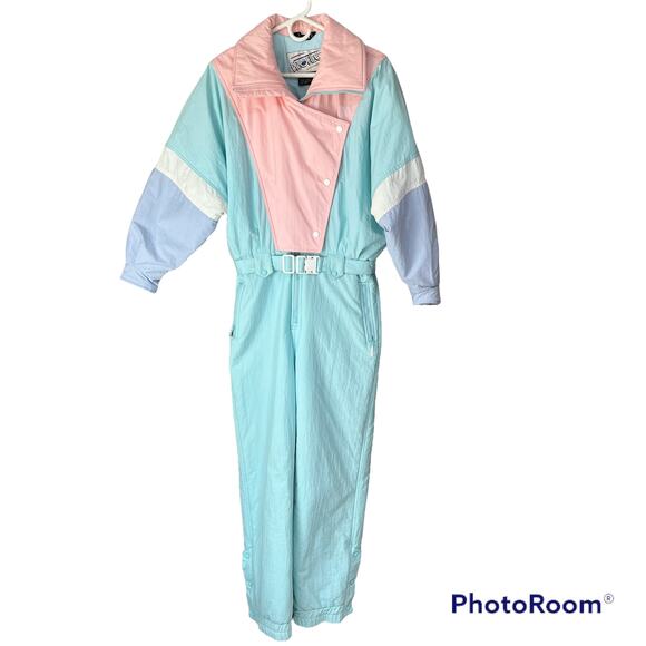 80's VTG Profile Belted One Piece Ski Snowsuit Color Block Pink Aqua Blue sz M - Picture 1 of 15